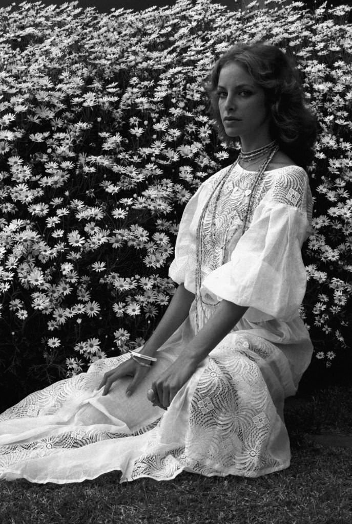 #50 Actress Sydne Rome on vacation in May 1975 in Ibiza, Spain.