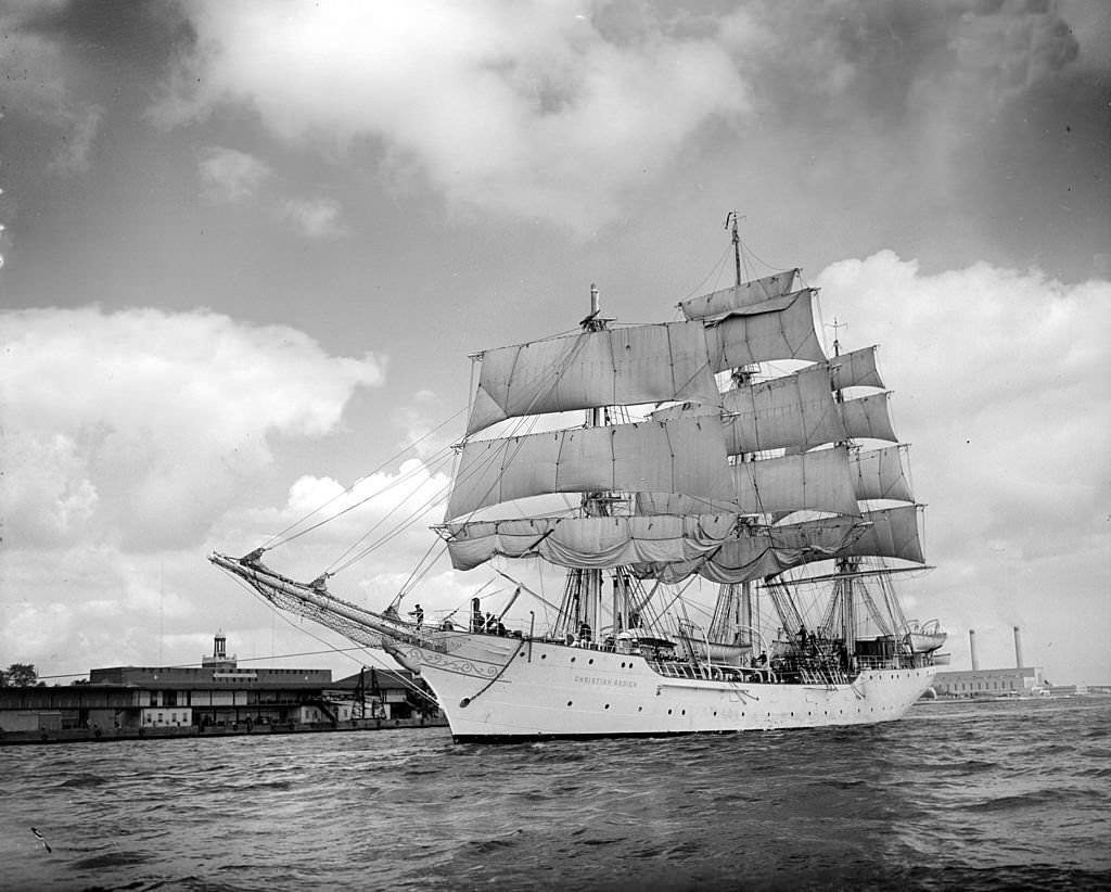 #41 The Christian Radich, a three masted sailing ship travelling up the Thames to berth in West India Dock after coming second in a race from Brest to Las Palmas.