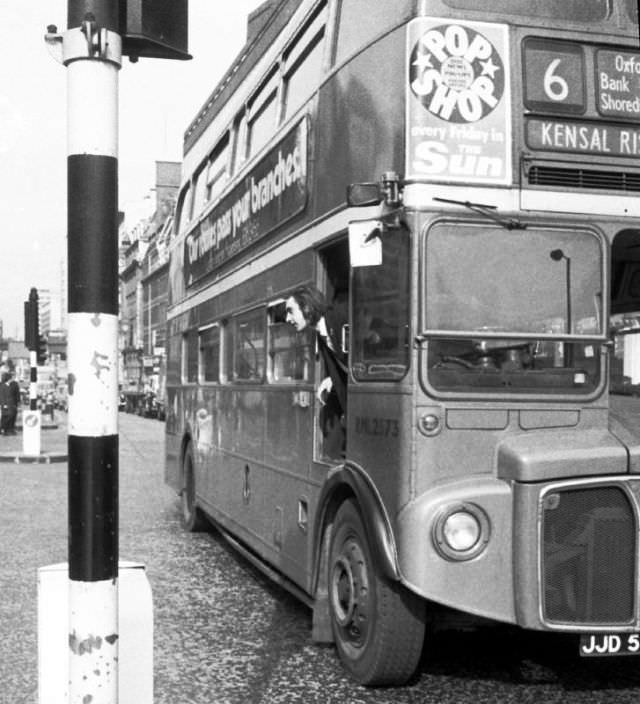 #25 Routemaster double-decker number 6 bus on Farringdon Road on the way to Kensal Rise, London, March 1973