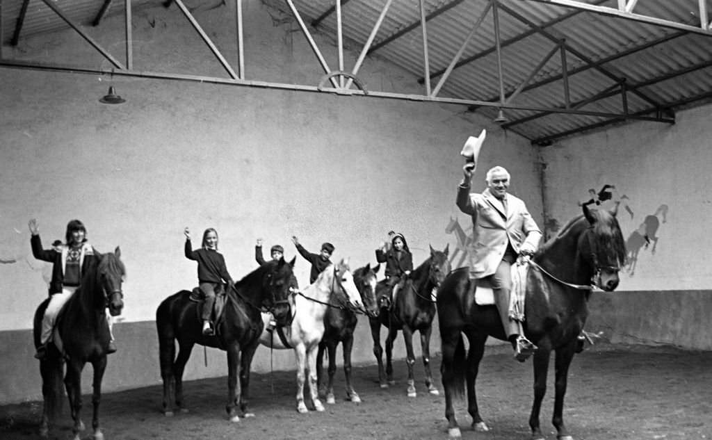 #96 American actor Lorne Greene in a riding school, Madrid, Spain, 1966.