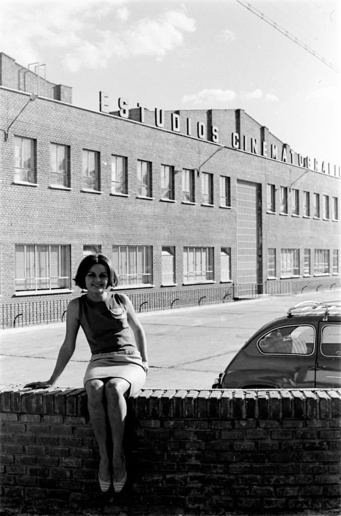 #100 Spanish actress Rocio Durcal in front of the Cinematographic Studios where she was filming Good morning Condesita, Madrid, 1967