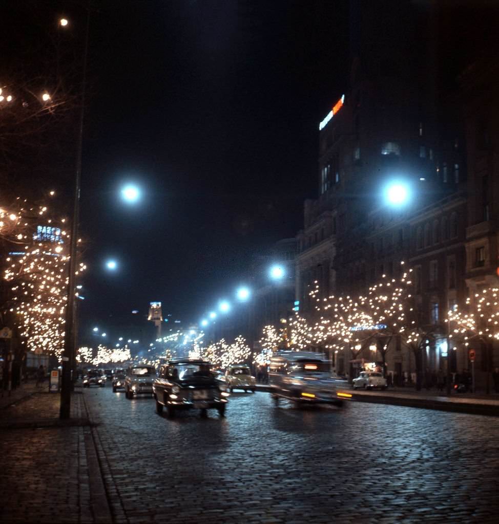 #121 A Madrid street decorated with Christmas lights, in Madrid, Spain, late 1960s.