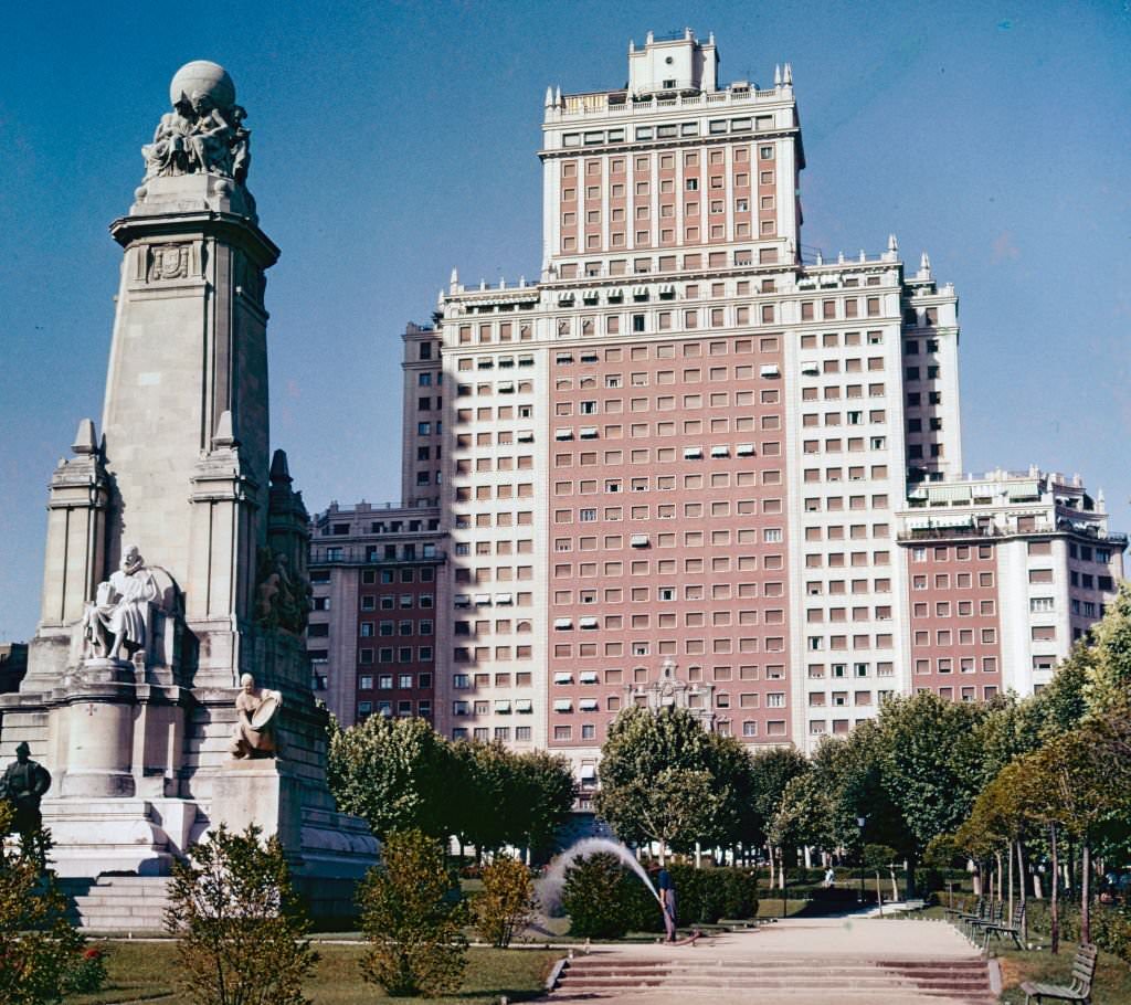 #50 View of the pa de Espana, with the Miguel de Cervantes Monument (left), and the Edificio Espana (rear), Madrid, Spain, 1965.