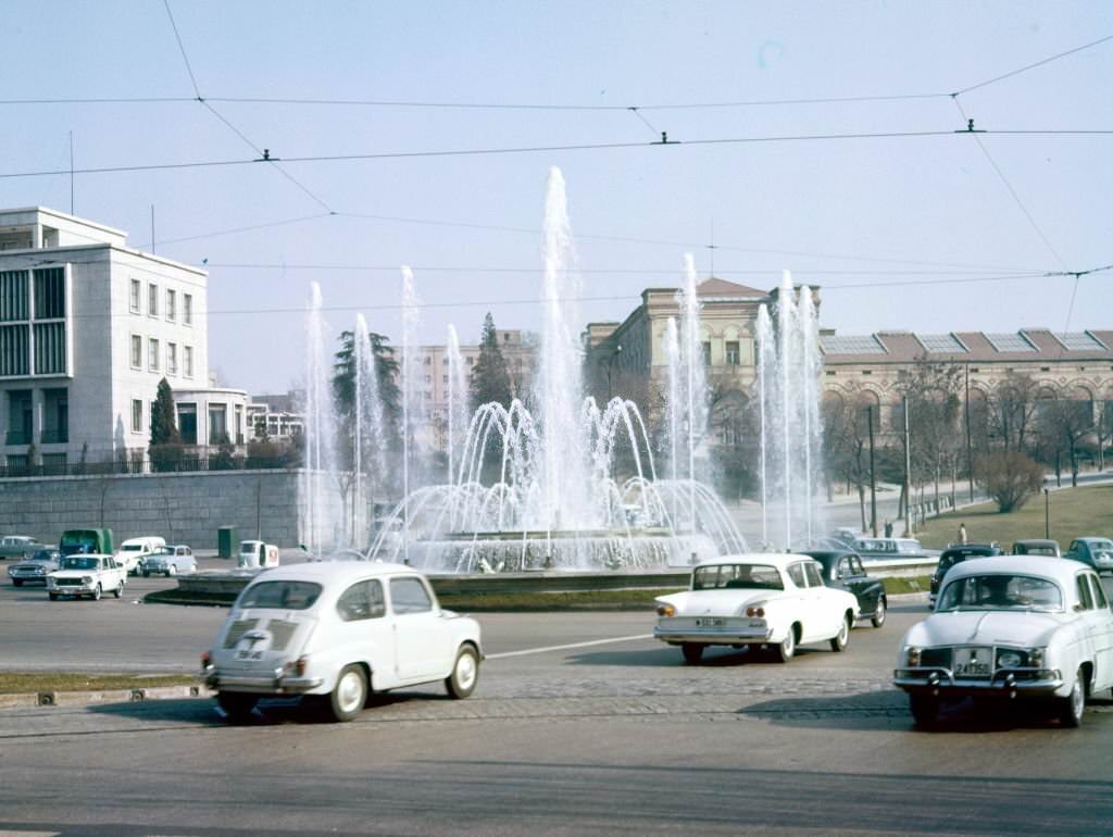 #52 View of the fountain at the Plaza San Juan de la Cruz, Madrid, Spain, 1965.