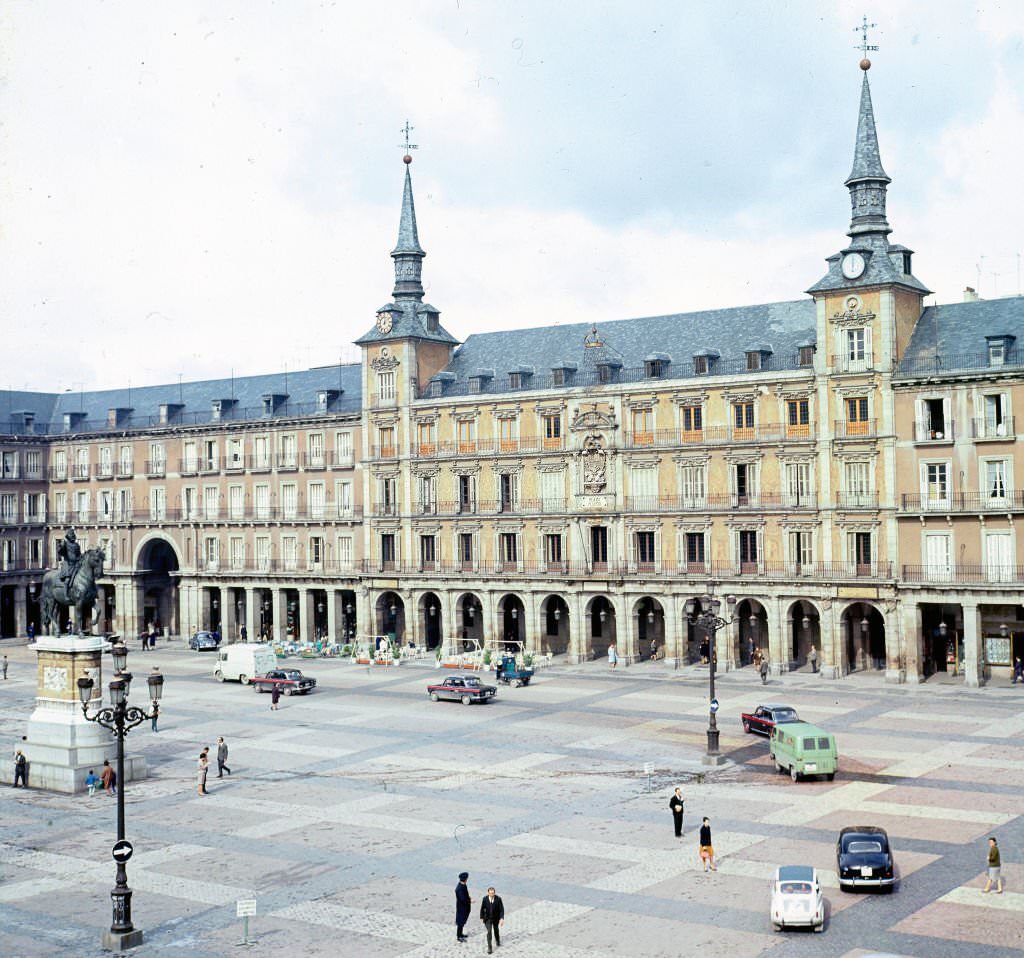 #77 View, over the Plaza Mayor, of the Casa de la Panaderia, Madrid, Spain, 1965.