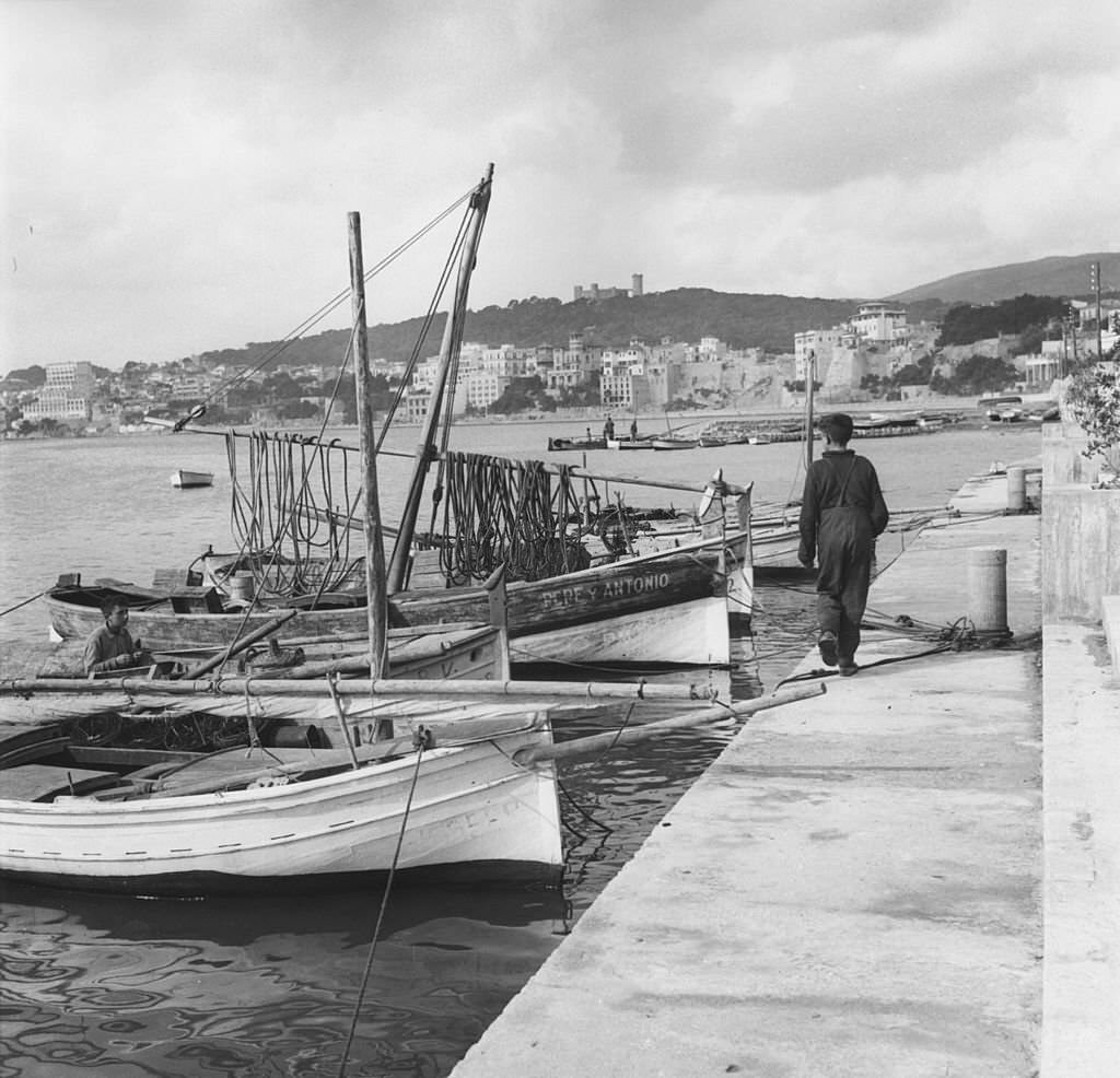 #110 A group of small fishing boats in the foreground of Palma harbour on the island of Majorca, 1955