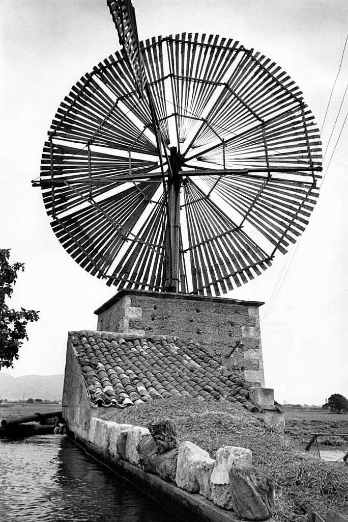 #129 Typical Wind turbine in Mallorca (these windmills used for pumping water for irrigation of agricultural land), 1950 in Majorca.