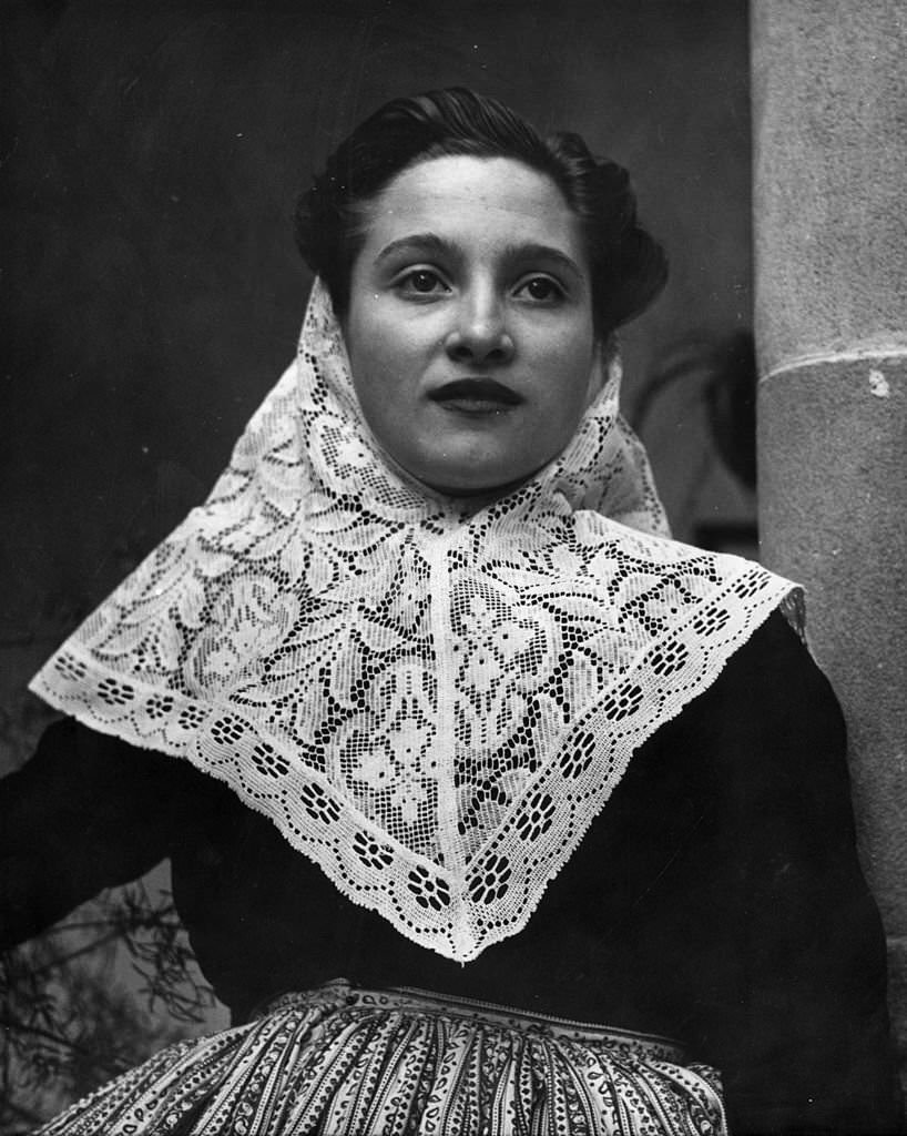 #133 A Majorcan woman wearing a lace headscarf, Mallorca, 1950
