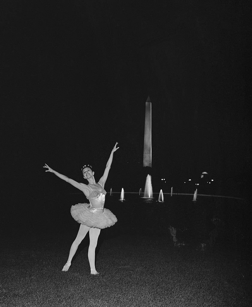 #22 Maria Tallchief performing on the South Lawn of the White House tonight during a rehearsal for a program to follow the State Dinner for German Chancellor Ludwig Erhard tomorrow night.