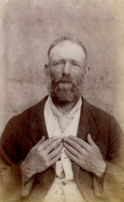 #19 Charles Thomas Harris (b. 1843, England). Charged with larceny and sentenced to 12 months on October 3, 1887 (Christchurch). Photograph taken on December 12, 1888.