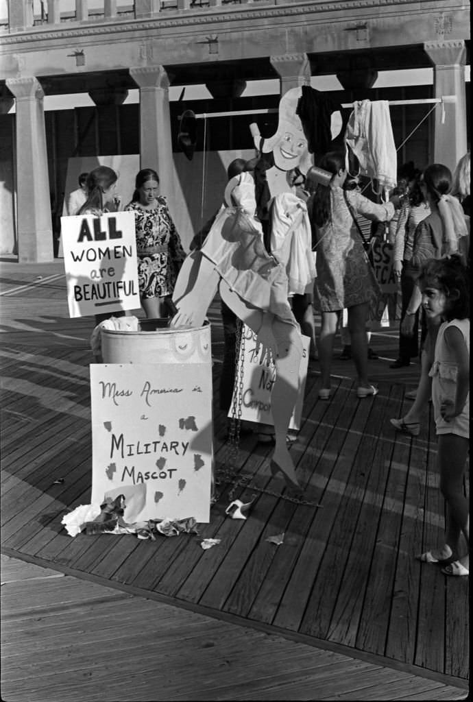#1 Freedom Trash Can’ on the Atlantic City Boardwalk during a protest against the Miss America beauty pageant, Atlantic City, 1968.