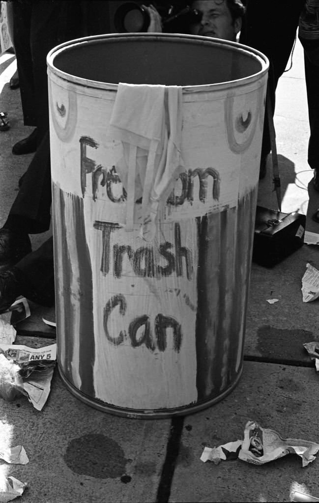 #10 Freedom Trash Can’ on the Atlantic City Boardwalk during a protest against the Miss America beauty pageant, Atlantic City, New Jersey, September 7, 1968.