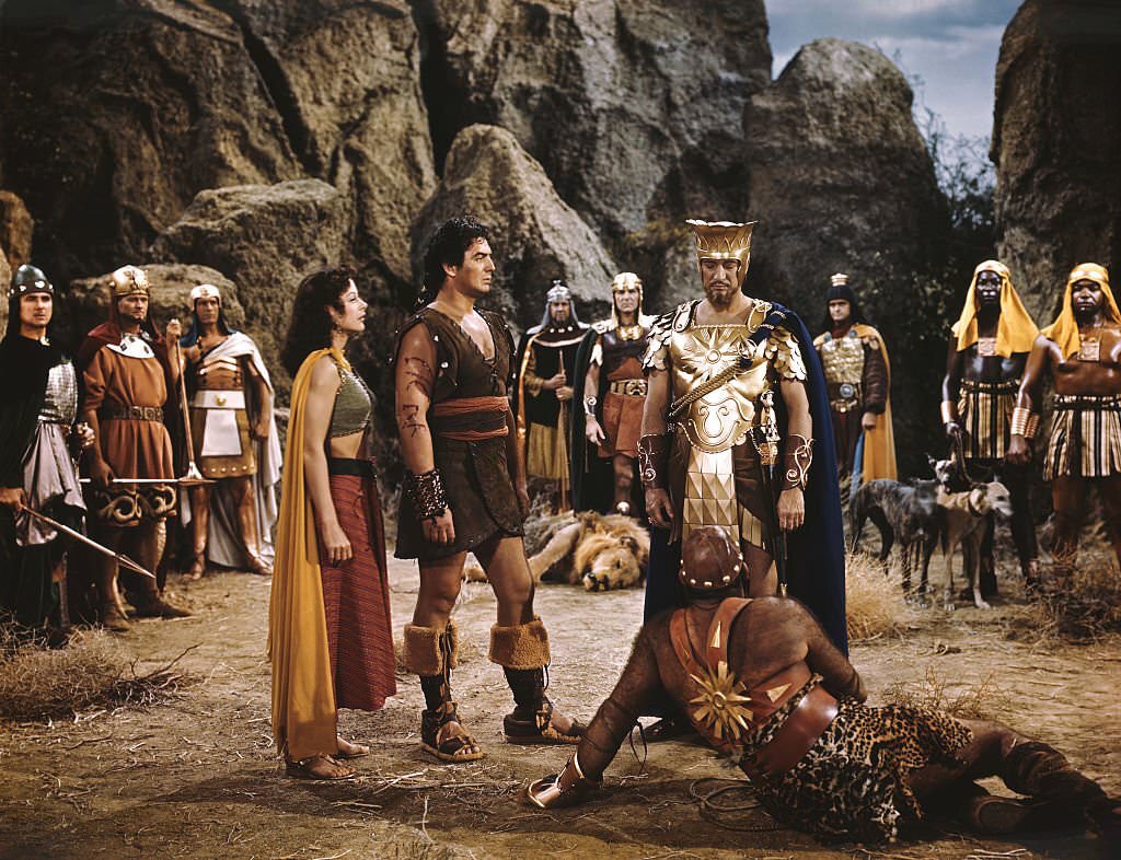 Hedy Lamarr and Victor Mature and British actor George Sanders on the set of ‘Samson and Delilah’