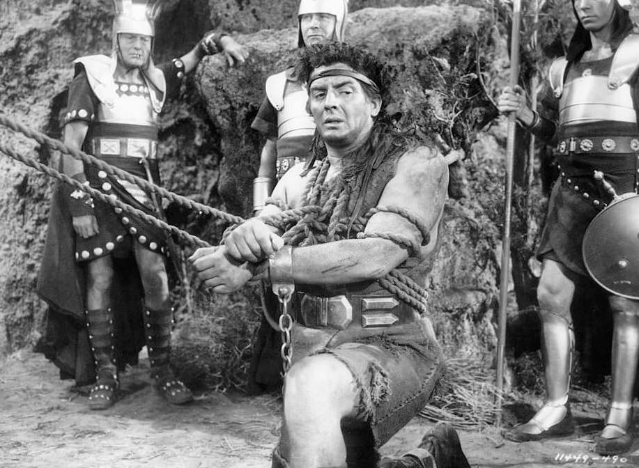 Victor Mature is tied up in a scene from the film ‘Samson And Delilah’, 1949.