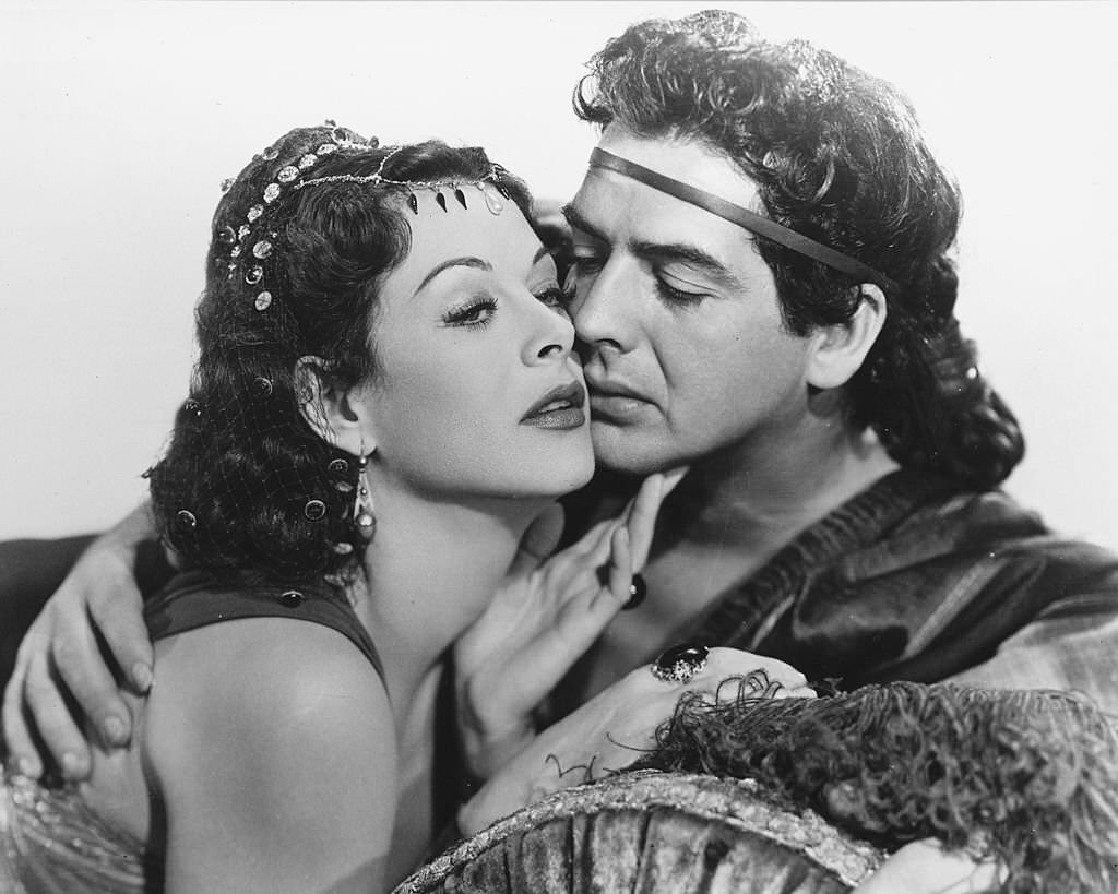 Hedy Lamarr and Victor Mature both in costume in a publicity portrait issued for the film, ‘Samson and Delilah’, 1949.