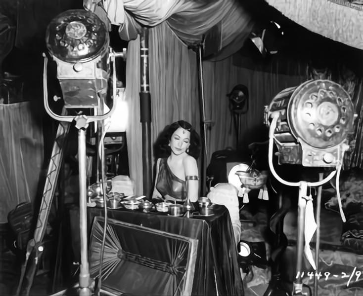 Hedy Lamarr on set candid during filming of ‘Samson and Delilah’, 1949