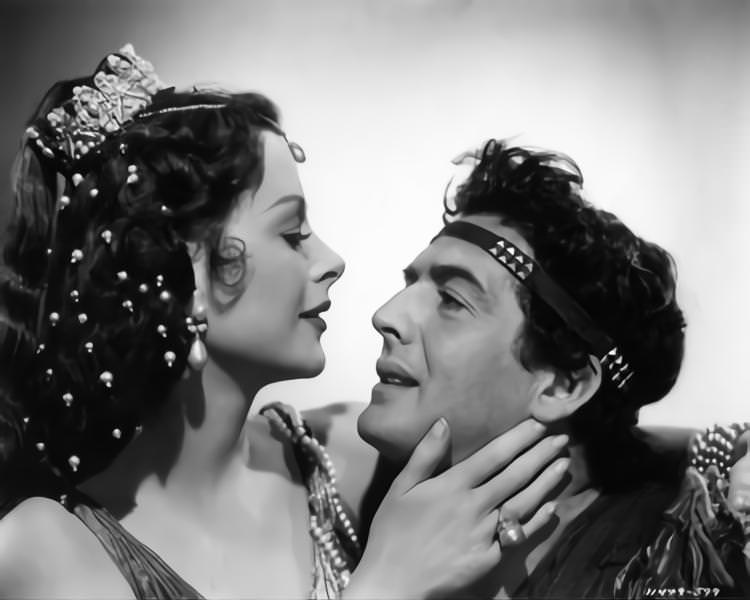 Hedy Lamarr and Victor Mature posed publicity portrait for Samson and Delilah’, 1949