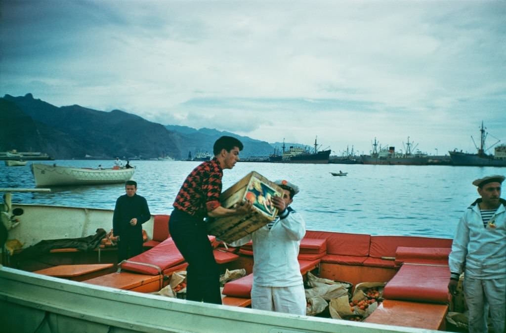 #15 Sailors loading fruit onto a boat at Santa Cruz de Tenerife, Tenerife, Canary Islands, Spain, 1962.