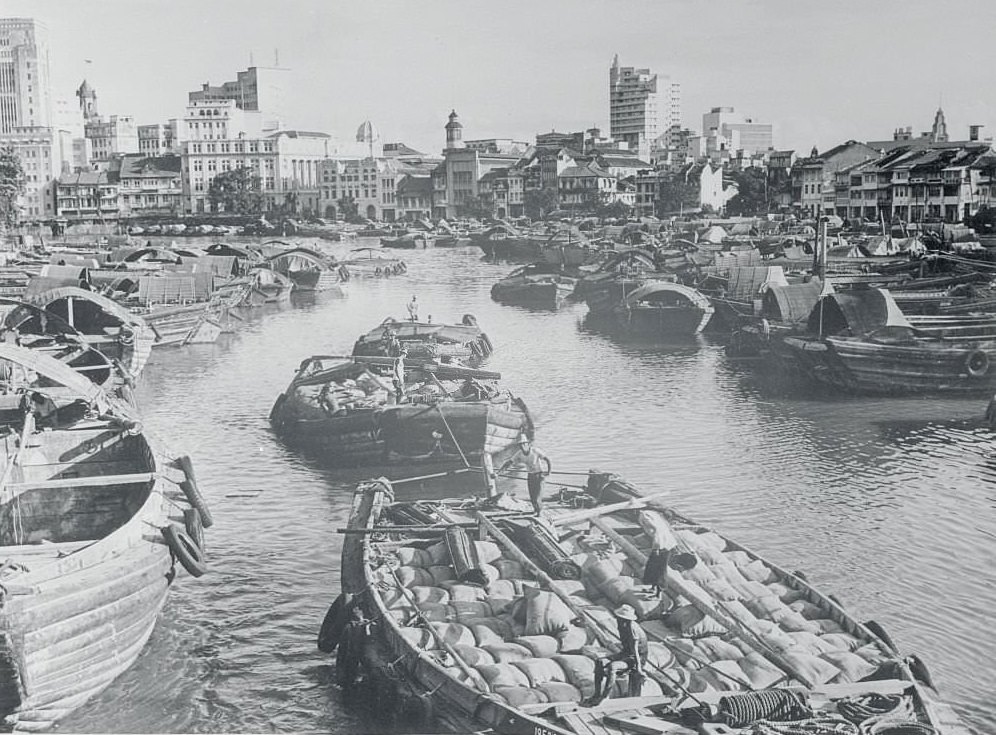 #2 A typical Singapore River scene with the large commercial houses in the background, 1960s