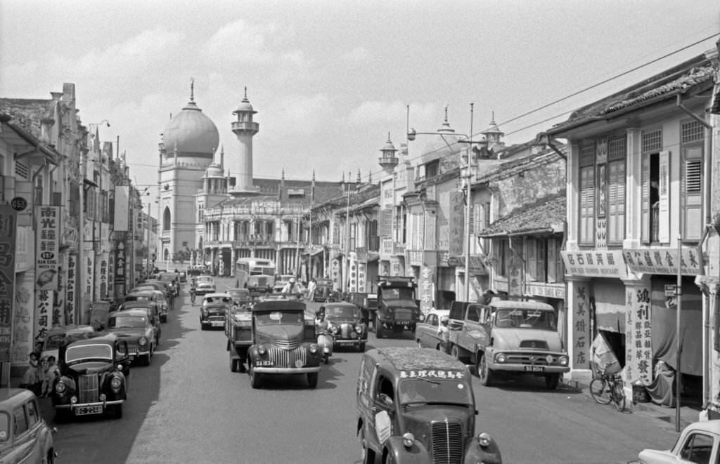 #63 Sultan Mosque facing a crowded street, Singapore, 1962