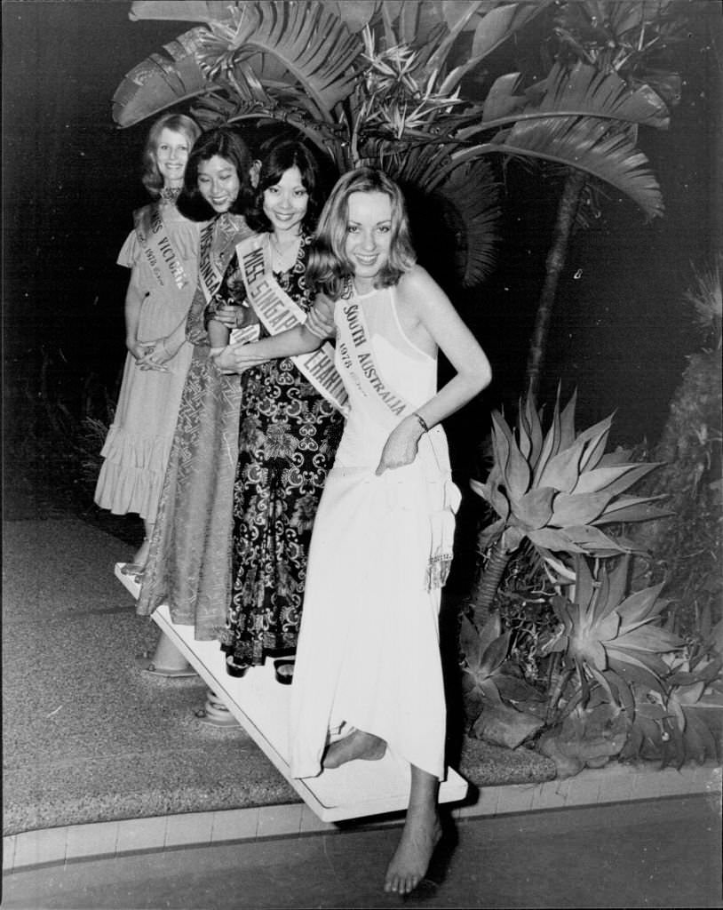 #1 Left to right) Miss Victoria, Gloria Krope, Miss Singapore Charity Princess, Rugayah Dalair, Miss Singapore Charity Queen, Florence Leong, and Miss South Australia, in Singapore, 1977