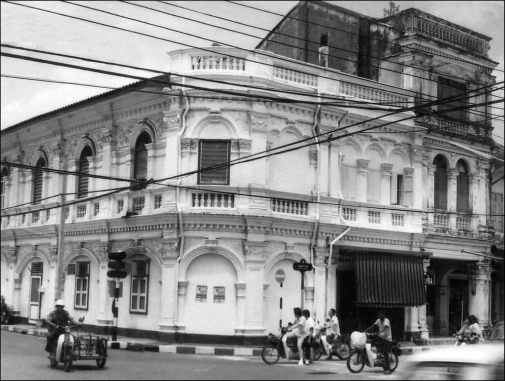 #32 Street scene with Sino-Portuguese shophouses in Phuket,1970s