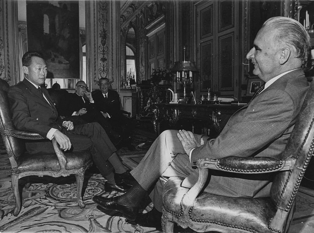 #36 President Georges Pompidou of France (right) and Prime Minister Lee Kuan Yew of Singapore, sitting together during a meeting at the Elysee, 1970