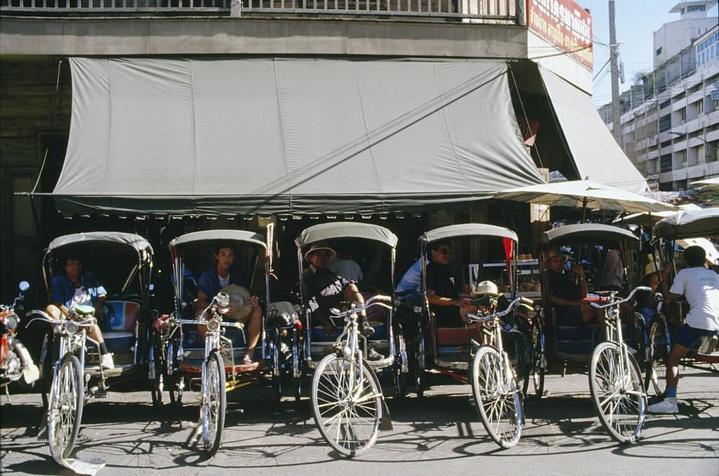 #30 A bicycle rickshaw stand in Singapore, 1985.