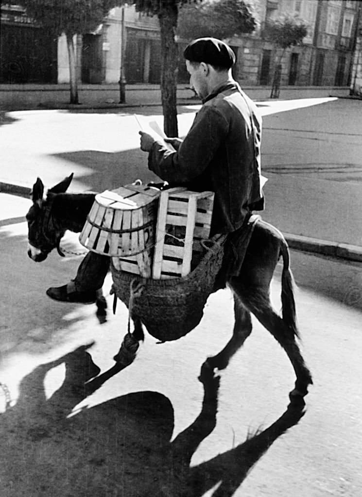 #138 Man rides on a donkey while reading a book. Photo by Erich Andres, taken in times of the Spanish Civil War, 1939