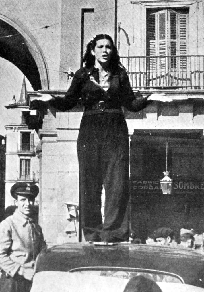 #166 Spanish Civil War Republican militia female guard addressing a crowd in Madrid 1936.