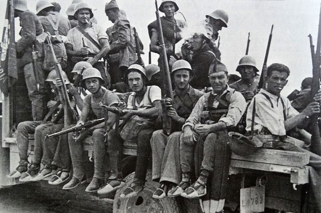 #48 Republican militia on the move towards a battle front in Spain, during the Spanish Civil War.