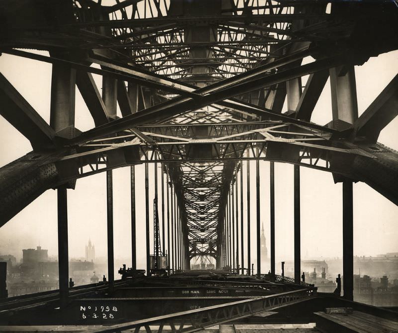 #14 View along the Tyne Bridge looking towards Newcastle, as work on its construction continues, March 6, 1928