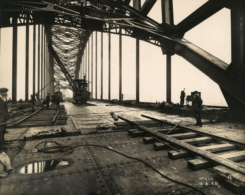 #17 View along the Tyne Bridge as work on its roadway continues, May 18, 1928