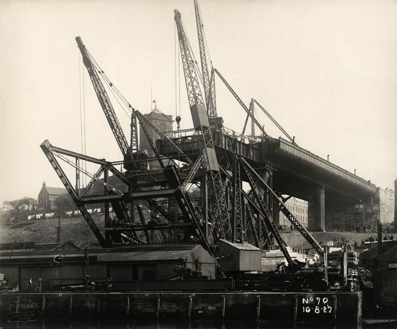 #2 Work on the Tyne Bridge arch underway. The first sections of steelwork rise over Hillgate Quay, Gateshead, August 10, 1927