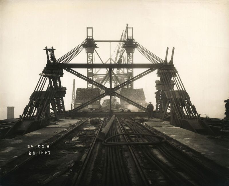#3 View of support mast and cables holding the Tyne Bridge in place as it is constructed, November 29, 1927