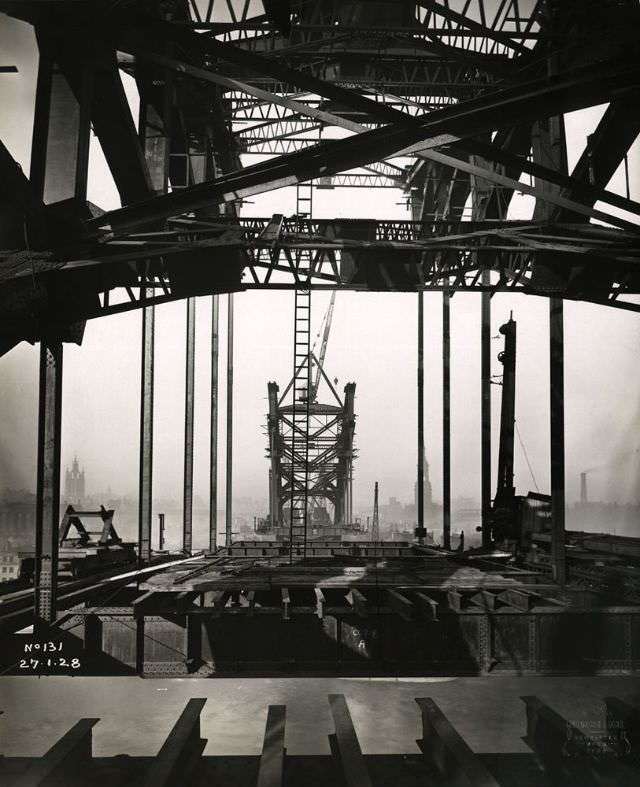 #4 View through the girders from the Gateshead side of the Tyne Bridge to the Newcastle side, January 27, 1928
