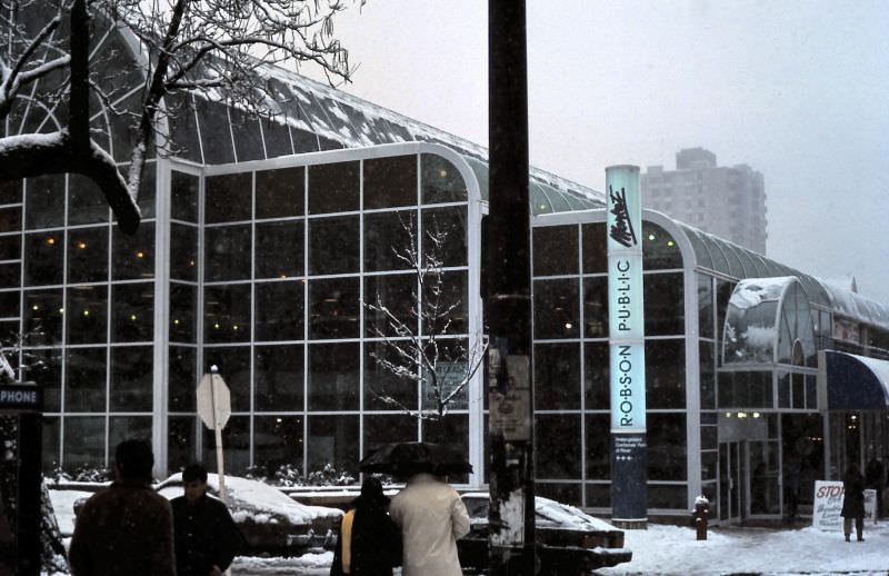 Vancouver’s Robson Public Market on Robson Street on snowy day, 1986