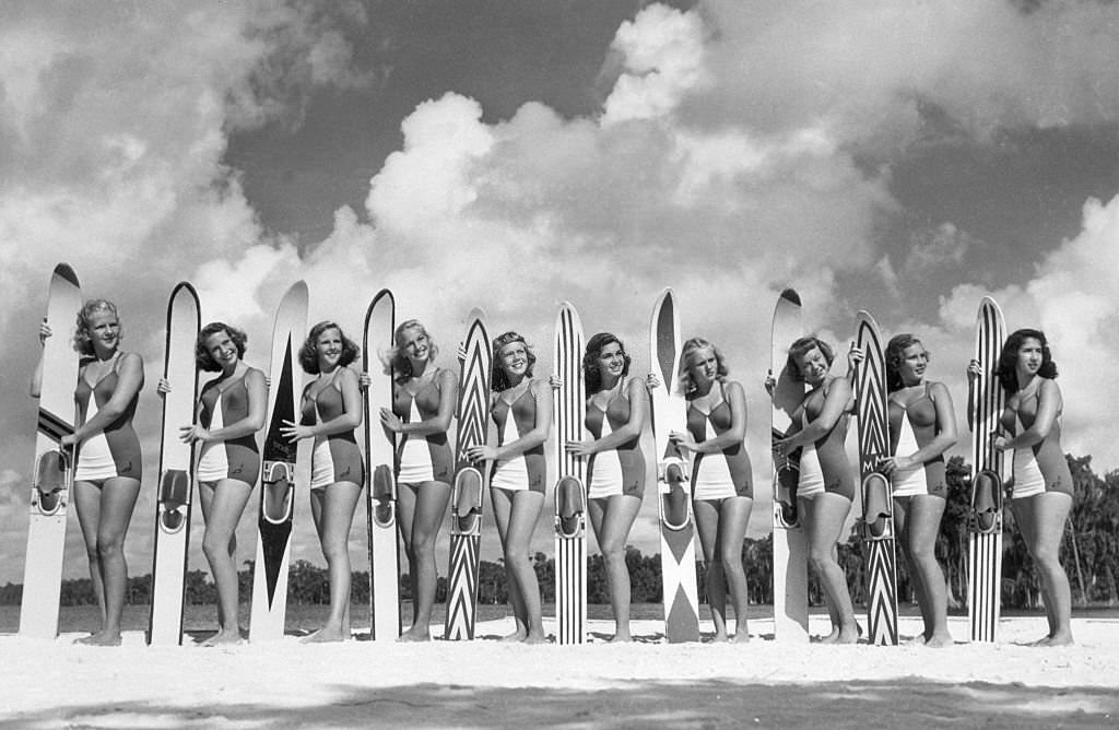 #101 Line of Women With Water Skis at Cypress Gardens, Florida.