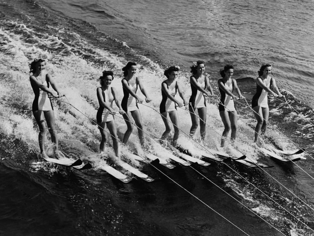 #109 On the lake of Cypress Gardens, the women’s nautical team trains for a competition, in Winter Haven Florida, 1946