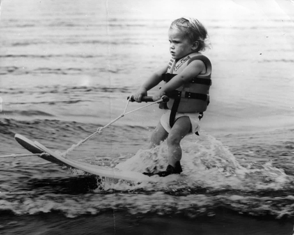 #116 A 17-month old baby on water-skis at the Cypress Gardens Ski Centre in Florida.