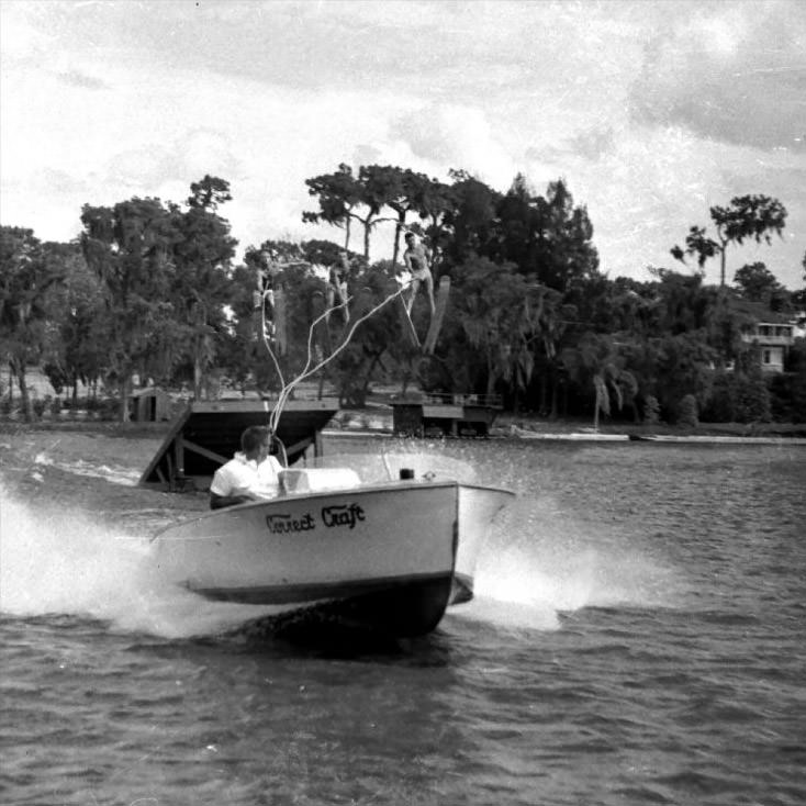 #185 Boat ski jump at Cypress Gardens, Florida, 1950s.