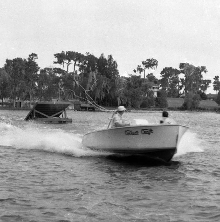#186 Boat ski jump at Cypress Gardens, Florida, 1950s.
