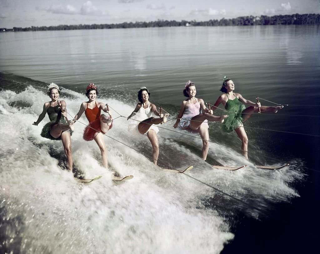 #41 A group of acrobatic water skiers perform during a show at Cypress Gardens theme park in 1953 near Winterhaven, Florida.