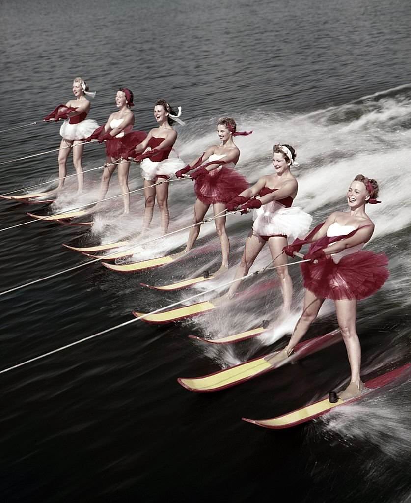 #51 A group of acrobatic water skiers perform during a show at Cypress Gardens theme park in 1953 near Winterhaven, Florida.