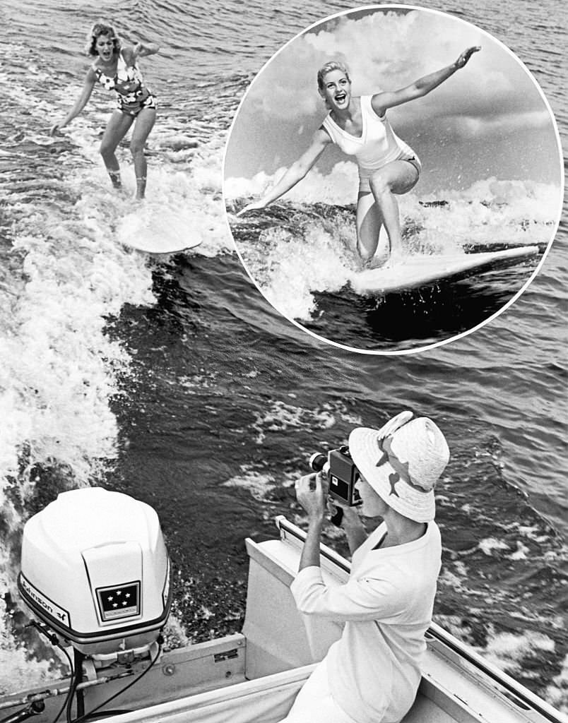 #5 Created by Dick Pope of Cypress Gardens fame, a woman is surfing the wake of a power boat, Winter Haven, Florida, 1958.