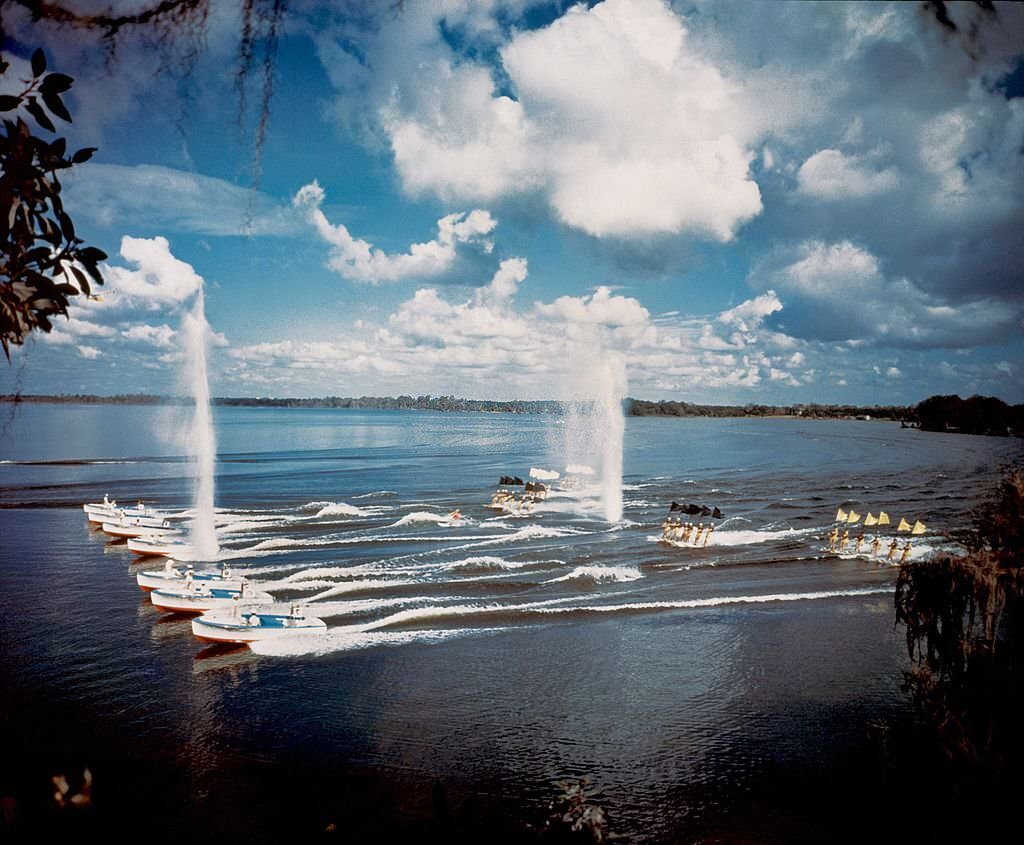 #85 A group of acrobatic water skiers perform during a show at Cypress Gardens theme park in 1953 near Winterhaven, Florida.
