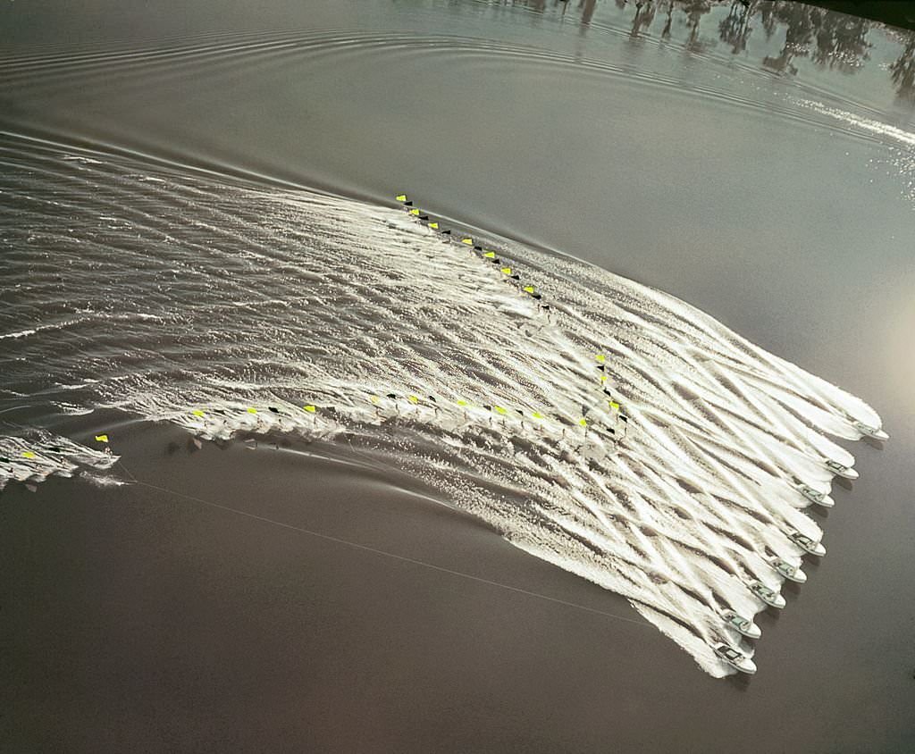 #86 A group of acrobatic water skiers perform during a show at Cypress Gardens theme park in 1953 near Winterhaven, Florida.