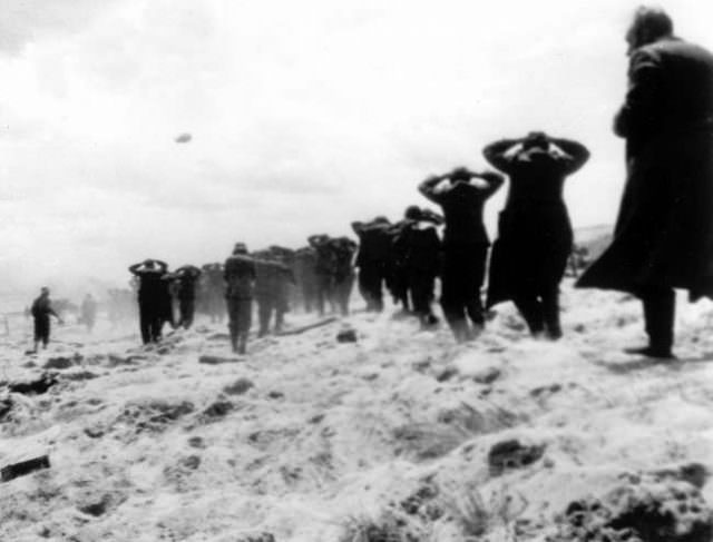 #11 German prisoners of war are led away by Allied forces from Utah Beach, on June 6, 1944, during landing operations at the Normandy coast, France. )