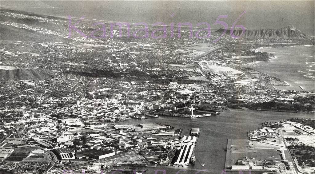 #2 Interesting airplane view of south shore Oahu taken from over Honolulu Harbor, 1951