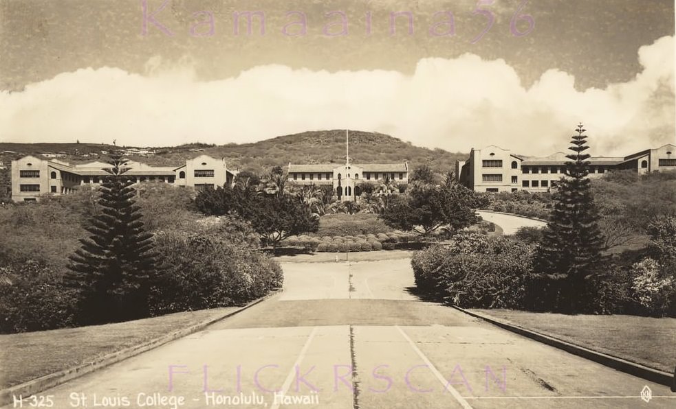 #18 The campus of St. Louis College above Honolulu’s Kaimuki neighborhood seen from the school’s entrance on Waialae Avenue at 3rd Avenue, 1940s.